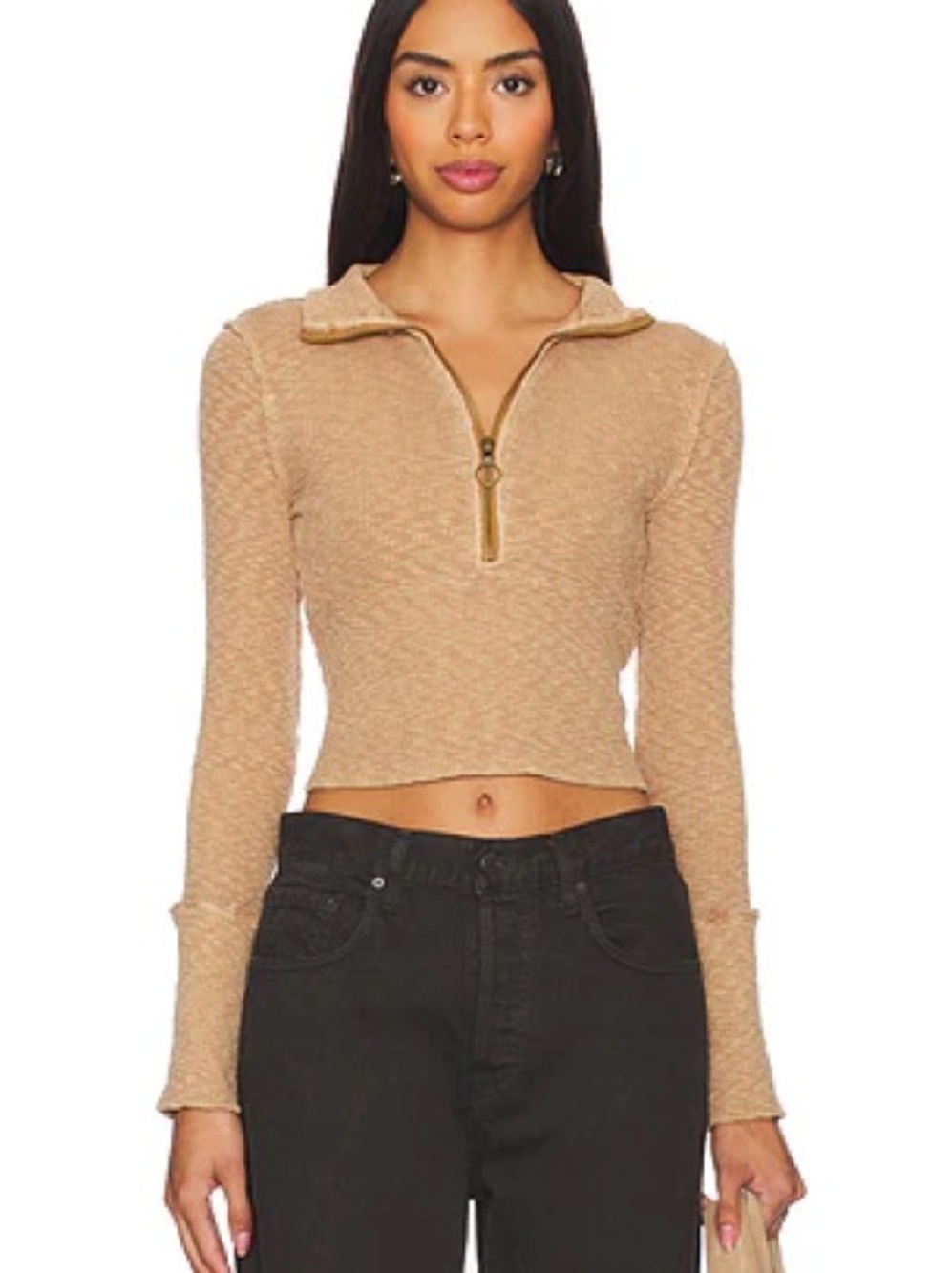 We The Free Free People Midnight Ribbed  Quarter Zip Thumbhole Crop Small